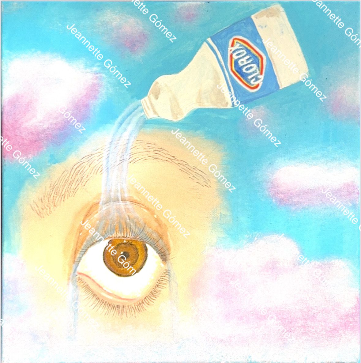 Surreal eye with bleach bottle pouring liquid.