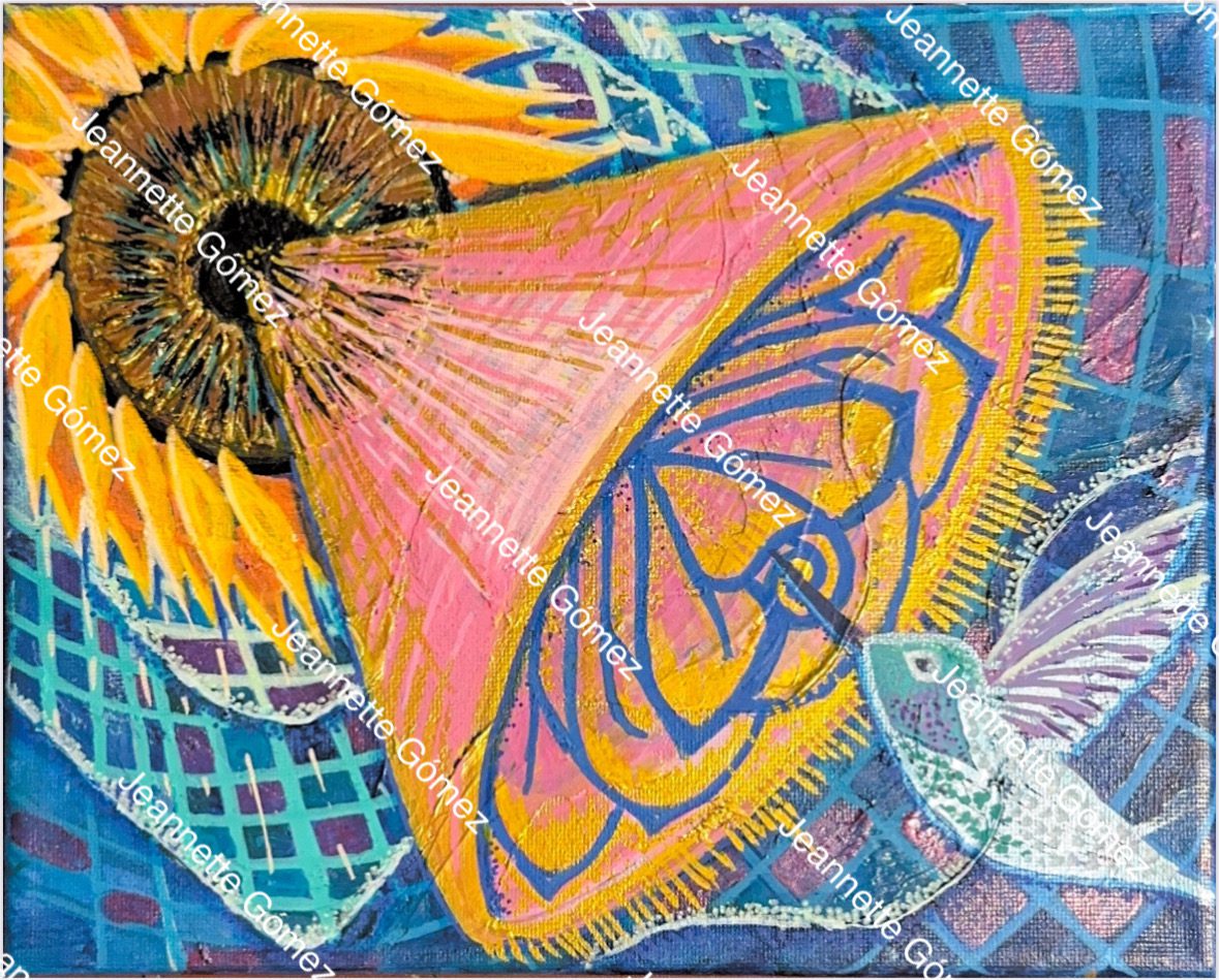 Sunflower, abstract shapes, and hummingbird illustration.