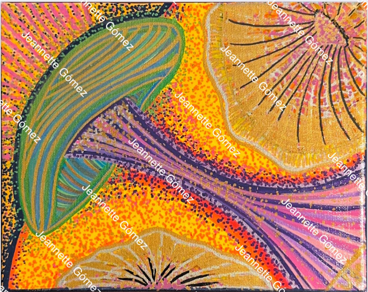 Abstract colorful mushroom-themed artwork with patterns.