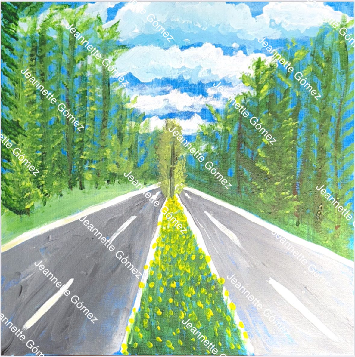 Road through forest with blue sky above.