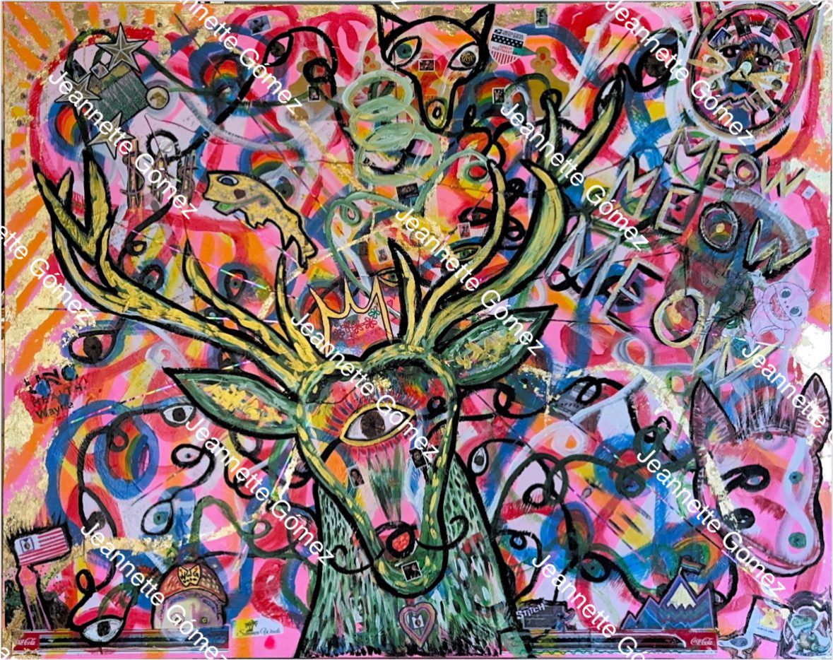 Colorful abstract painting with deer and text.