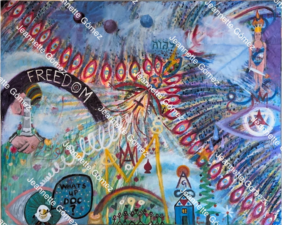 Colorful abstract painting with symbolic elements.