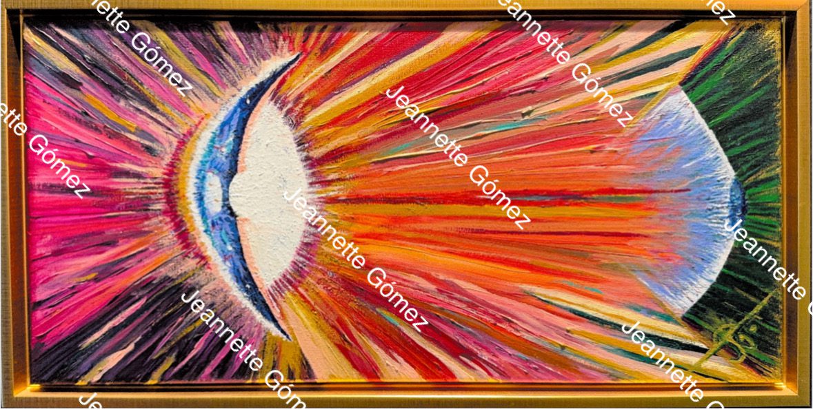 Colorful abstract painting with eye motif.