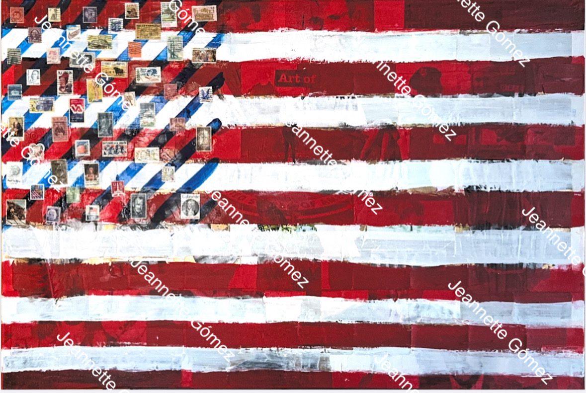 Abstract American flag with collage elements.