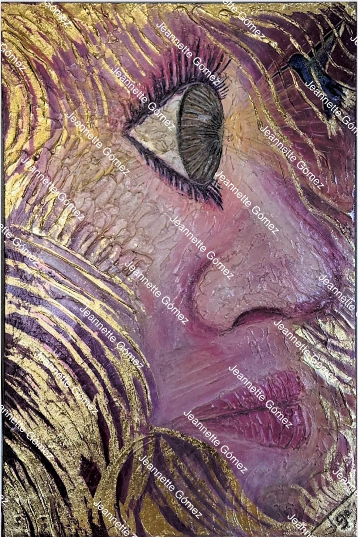 Abstract painting of a woman's face, colorful.