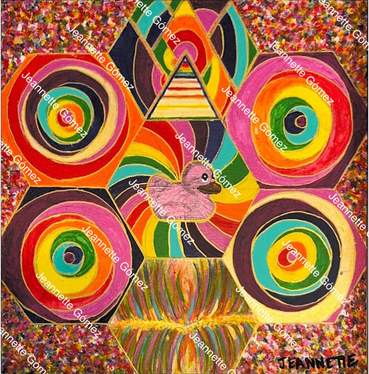 Colorful abstract painting with geometric patterns.