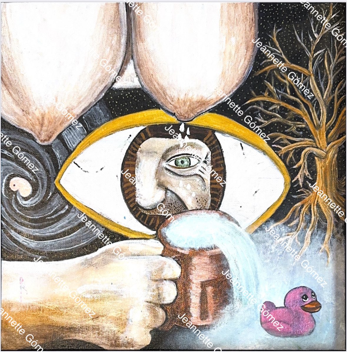 Surreal painting with eye, mug, and duck.