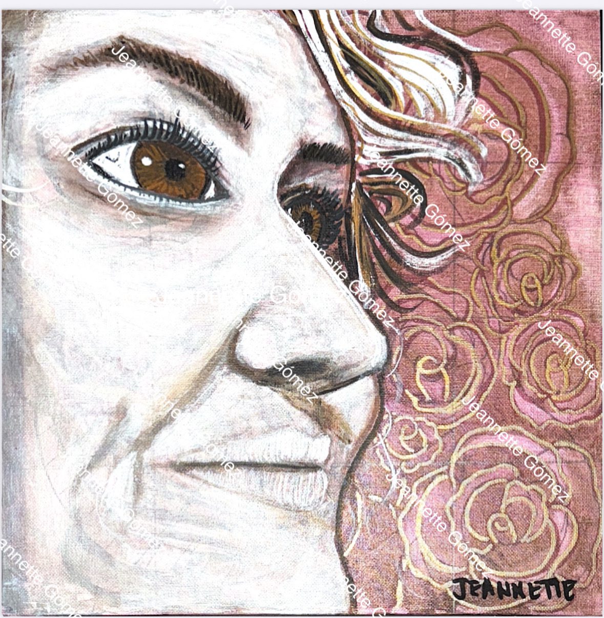 Portrait with decorative rose background.