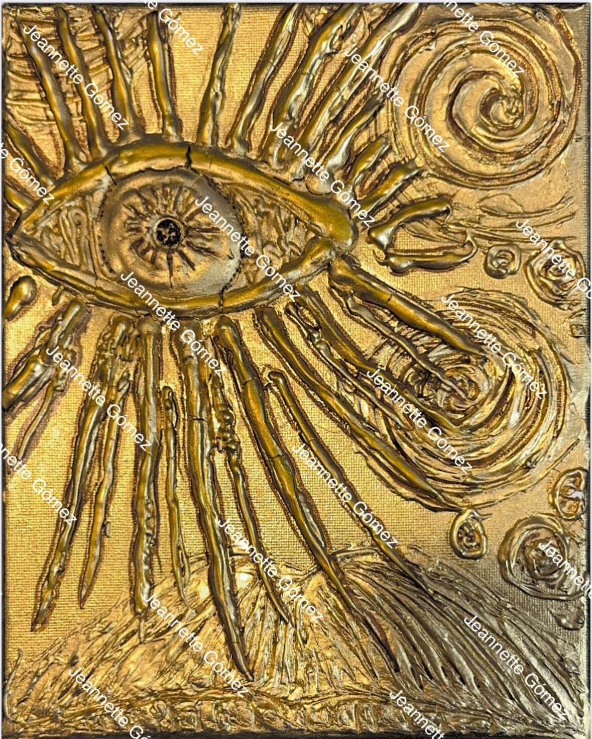 Abstract eye with swirling golden patterns.