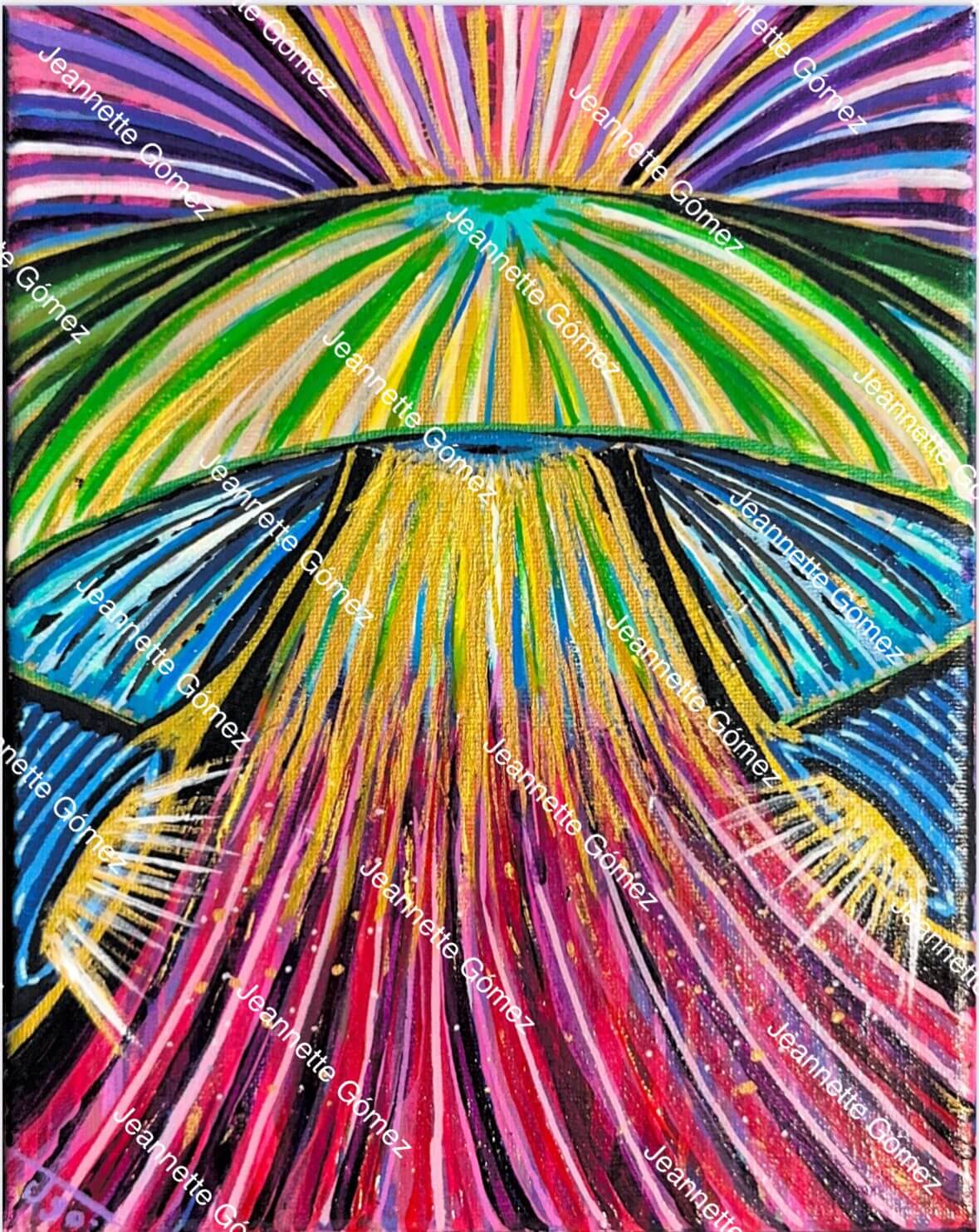 Colorful abstract painting with radiating lines.