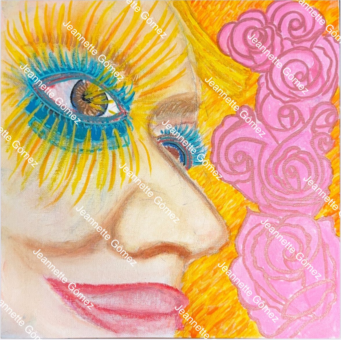 Colorful abstract portrait with pink flowers.