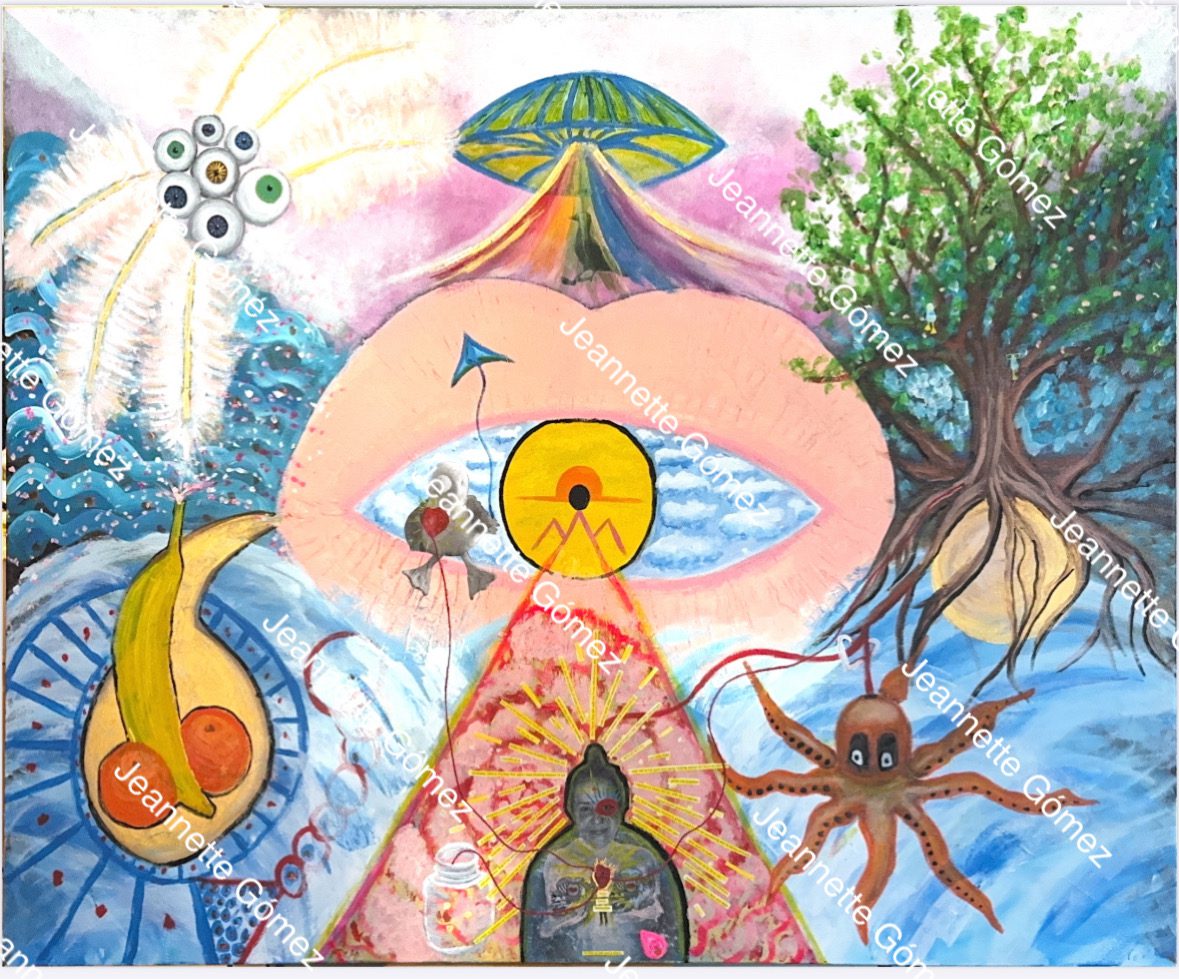 Surreal painting with diverse symbolic elements.