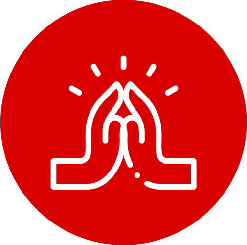 Praying hands icon on red background.