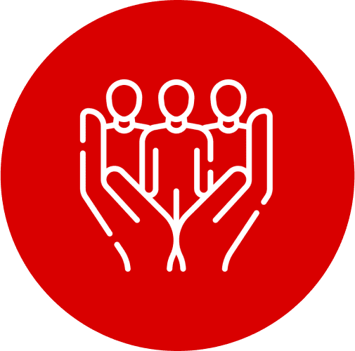 Hands holding people icon on red background.