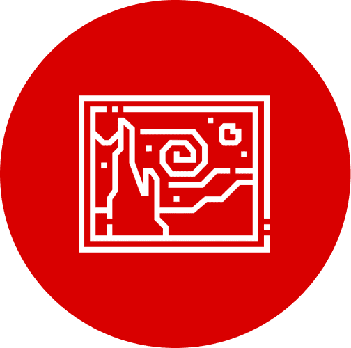 Red circle with abstract white design.